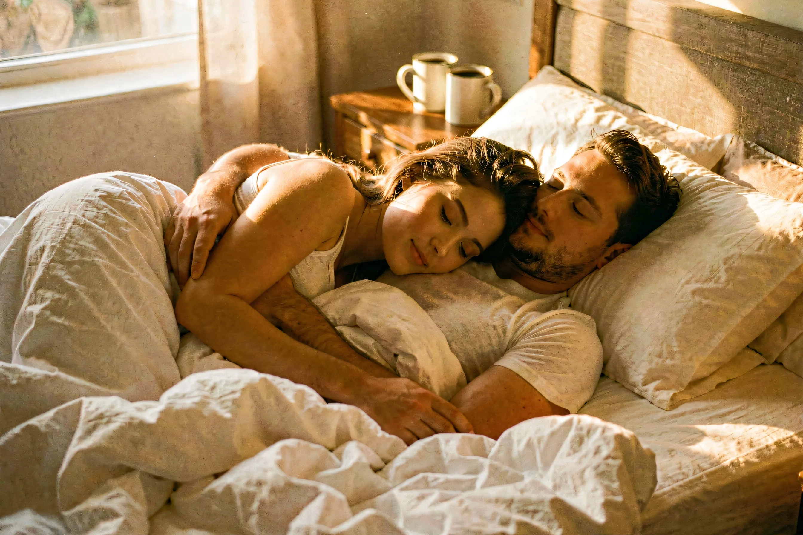 A couple lying close in a rumpled bed in warm morning light, sheets tangled around them, coffee mugs on the bedside table